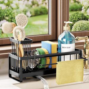 SWTYMIKI Sponge Holder for Kitchen Sink - Sink Caddy with Brush Holder Self-draining Sponge Caddy Organizer with Divider Stainless Steel Kitchen Accessories Storage for Countertop, Black (Medium)