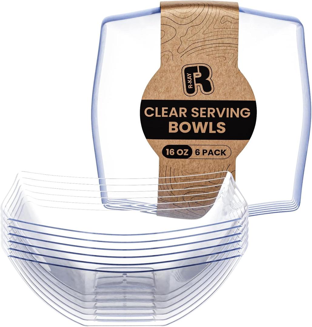 R-kay 6 Pack Square Plastic Serving Bowls - Clear Plastic bowls 16 Oz - Disposable Serving Bowls Heavy Duty For Weddings Catering And Birthday parties