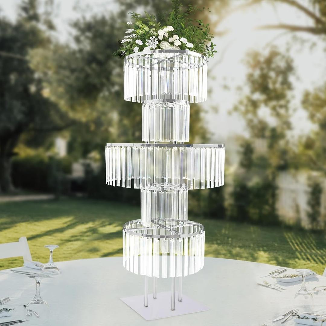 Crystal Vases for Centerpieces, Flower Stand with Hanging Crystals, 43.3" Silver Wedding Vase, 5 Tier Round Chandelier Pedestal Stand for Wedding Stage Flower Arrangement Decor (Silver, 1PC)
