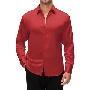 Damipow Satin Silk Mens Dress Shirts Long Sleeve Button Up Shirt Wedding Party Prom Shirt (X-Large, Red)