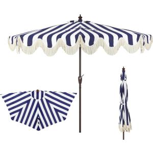 JONATHAN Y Half Umbrella UMB1201B Beverly 9 ft. Designer Classic Scalloped Fringe Market Patio with Crank, Push Button Tilt and UV Protection in Navy/White, 108 Inches