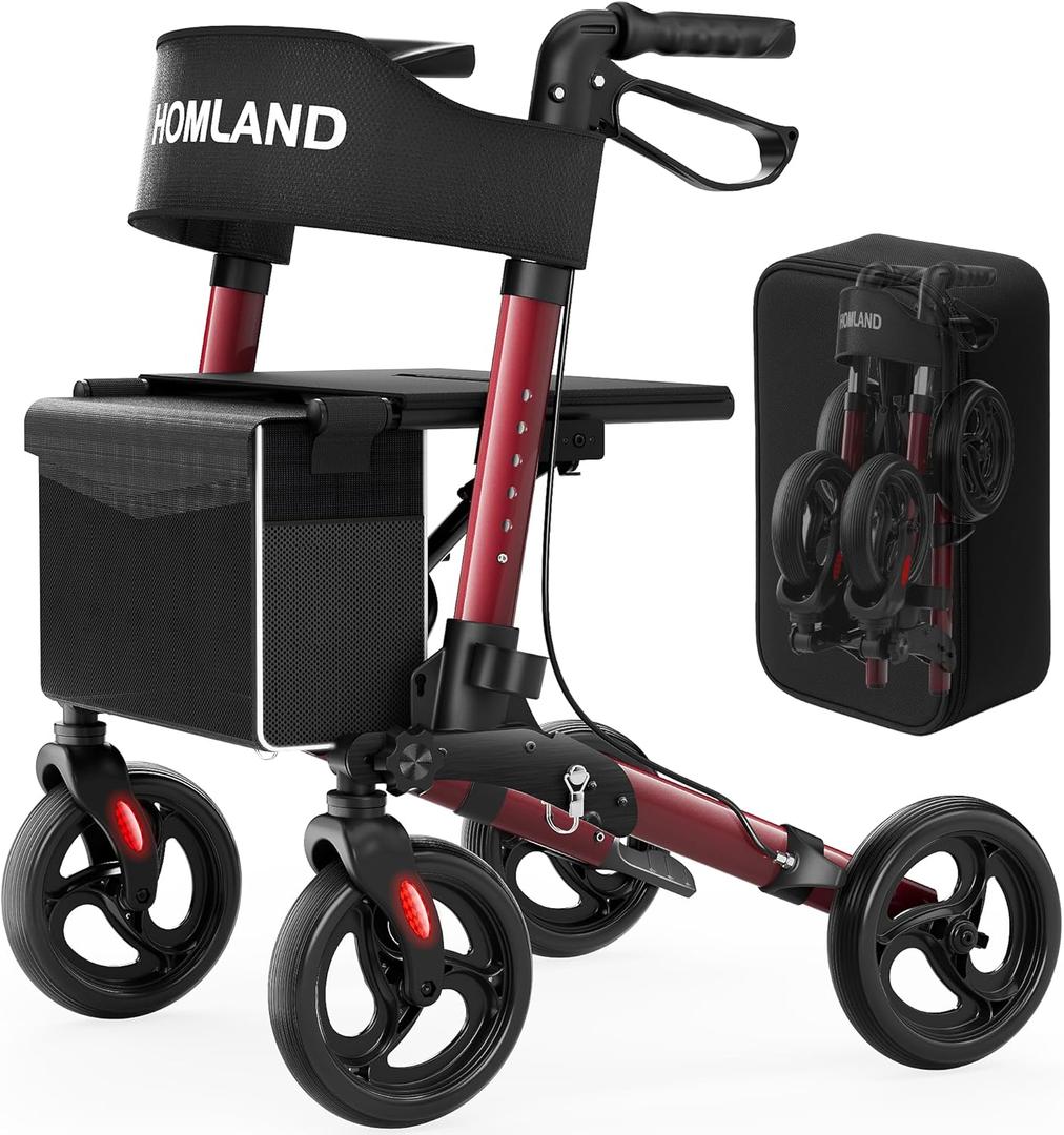 Rollator Walkers for Seniors with Seat, Foldable Walker, 8" Wheels Lightweight Aluminum Rolling Walker (Red)