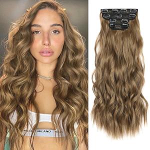 NOTICEME Clip in Hair Extensions for Women 22 Inch Long Wavy Synthetic Hair, 4PCS Thick Soft Natural Hairpieces Clip Ins (Light Brown)