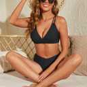 fatty tiger Womens High Cut Bikini Swimsuits 2 Piece Sexy V Neck Adjustable Criss Cross Back Push Up Bathing Suit Black XL (XL)