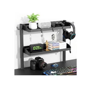Clamp on Desk Shelf, 2-Tier Office Desk Shelves Organizer, 17in Small Shelf for Top of Desk with Headphone Holder and Hooks, Desktop Storage Rack for Home Workspace, Study Rooms, Gaming Accessories