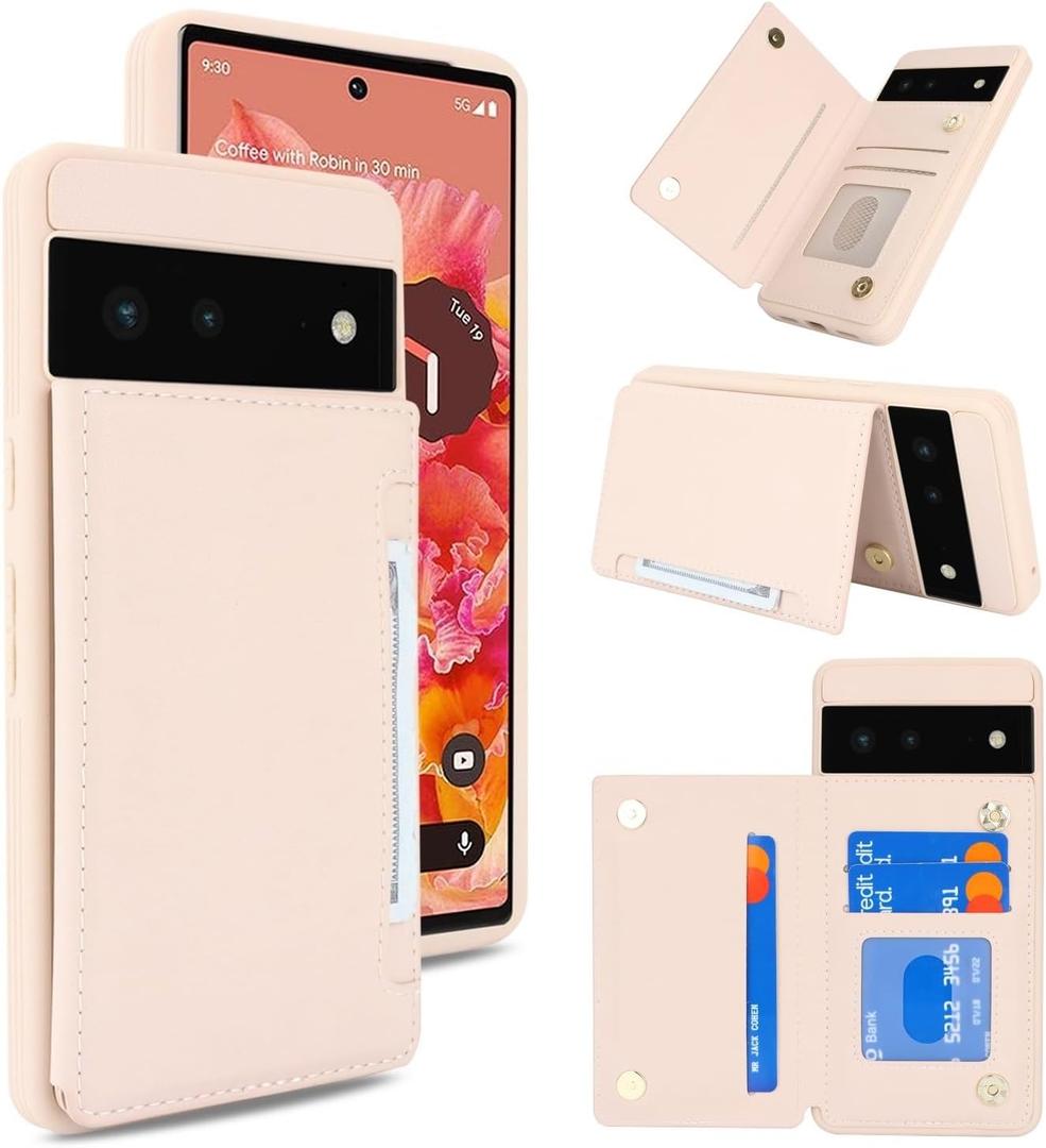 iCoverCase Compatible with Google Pixel 6 Case with Card Holder, Wallet Phone Case for Women Men [RFID Blocking] PU Leather Protective Wallet Case for Pixel 6 (Beige)