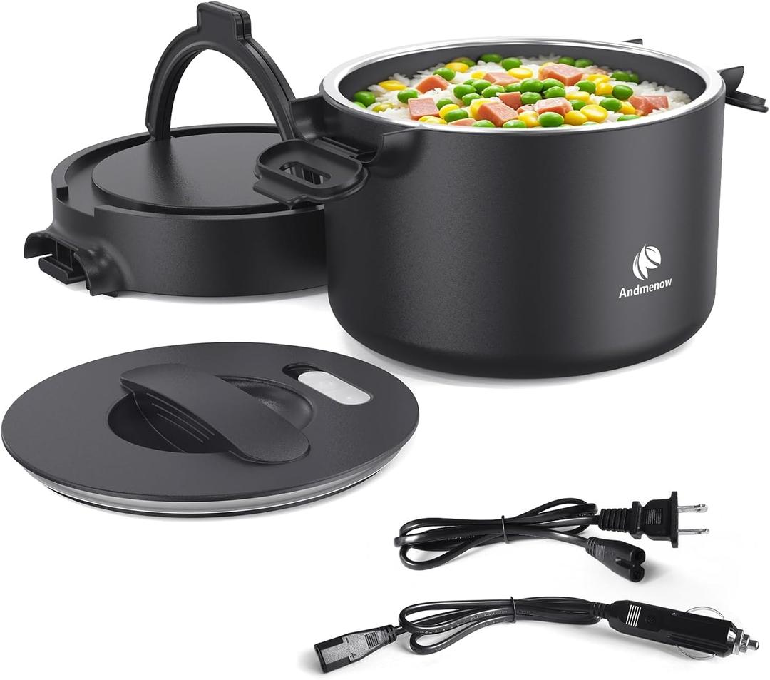 Portable Electric Lunch Box, 33 Ounce Food Warmer Cooker,12/24/110V Upgraded Heated Lunch Box for Car/Truck/Office Ideal Men & Women's Gifts,Warming Soup,Meal,Spill-Free,100W (Black)