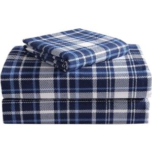 Highline Bedding Co. Flannel Sheet Set Full Size- 100% Turkish Cotton, Double-Brushed, Ultra-Soft, Plush, Cozy 4-Piece Set (Classic Plaid, Navy)