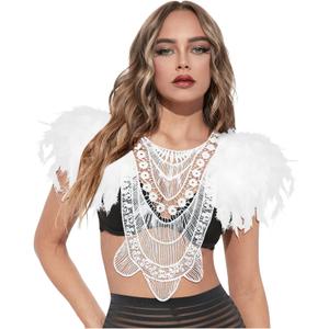 L'VOW Gothic Women Poncho Collar Natural Feather Short Cape Lace Epaulet Shoulder Shrug Wings Halloween Costume