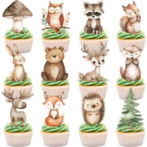 48pcs Woodland Cupcake Toppers for Woodland Baby Shower Decorations Forest Animal Cupcake Decorations Birthday Party Decorations
