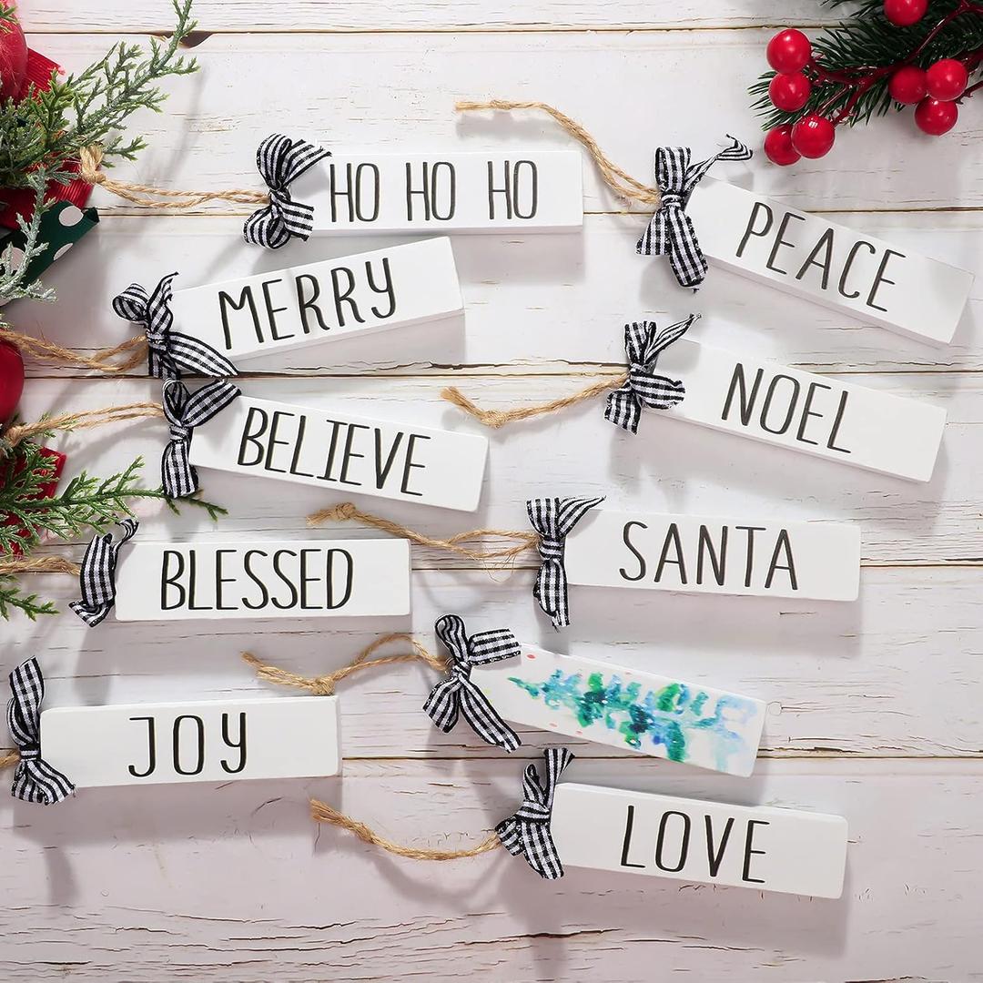Jetec 10 Pcs Christmas Wooden Tags Labels Stocking Name Tags with Black and White Buffalo Plaid Ribbon Farmhouse Christmas Word Hanging Ornaments Wishes Crafts for Xmas Tree Decor 3.9 x 1''