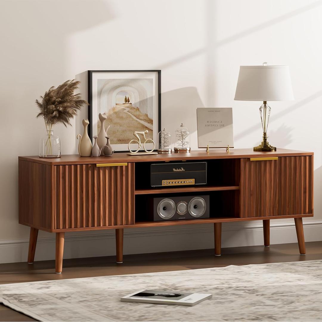 LCRBOL TV Stand for Living Room, Mid Century Modern Entertainment Center for 55/60 inch TVs, TV Console with Fluted Door Cabinets and Open Shelves, for Bedroom, Walnut