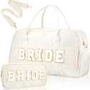 2 Pcs Wedding Weekender Bag Bride Groom Duffle Bag Chenille Letter Patch Travel for Bridal Shower Honeymoon Gift(Bride,White)