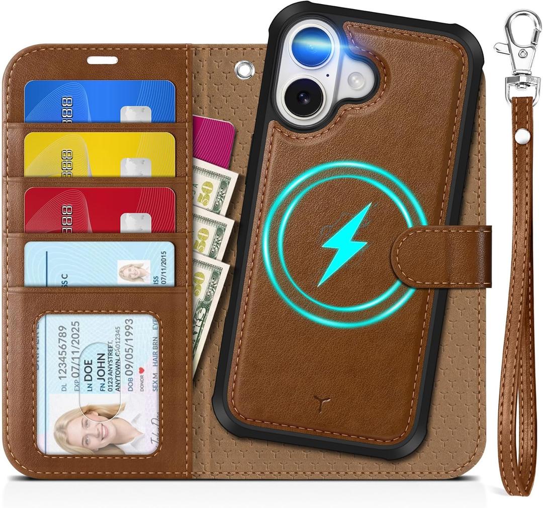 TUCCH Detachable Case Wallet for iPhone 17 (6.3") 2025, Wrist Strap, 4 Card Holders RFID Blocking, Wireless Charging, Stand, 2-in-1 Magnetic, PU Leather, Shockproof Folio Cover, Brown