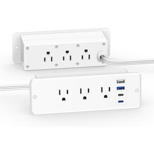CCCEI 6 Outlets Dual Side Recessed Power Strip with USB C Ports, Furniture Flush Mount, Under Desk, Desk Top Multiple Outlets, Hidden Charging Station for Conference Table, Nightstand, White. 10FT.