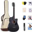 38 inch Guitar Black Acoustic Guitar Beginner kit Adult Cutaway Acoustic Guitar Guitarras Starter Set Bundle with Padded Gig Bag, Strap, Capo, Strings, Picks