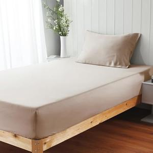 100% Viscose Derived from Bamboo Fitted Sheet Set 2 Piece - 1 Pillowcase 1 Fitted Sheet with 16" Deep Pocket, Hotel Luxury Silky Bedding, Ultra Soft, Cooling for Hot Sleepers(Beige Twin)