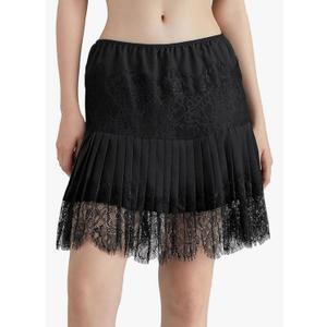 Women Lace Skirt Ruffle Mini Skirt Half Slip Layered Pleated Flowy Skirt, L, Color: A Black
