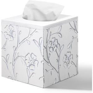 Tissue Box Cover Square, Carved Flowers Wooden Tissue Box Holder with Slide-Out Bottom, Decorative Cube Wall Mounted Tissue Holder for Desktop Nightstand Bathroom Office, Rustic Farmhouse Home Decor, White