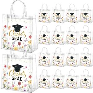 Resholder 24 Pcs Graduation Gift Bags Bulk 2026 Congrats Grad Clear Multicolor Floral Reusable PVC Bags with Handles for High School, College, Graduation Party Favors, 8x8x3.15 Inch