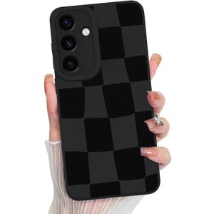 KANGHAR Compatible with Samsung Galaxy S25 Plus Case, Silicone Checkered Cute Pattern, Camera Protection Soft Slim Phone Case for Girls Women -Black