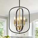 ACNKTZ Small Black and Gold Chandelier for Foyer, 4-Light Geometric Metal Entryway Light Fixture Hanging, Modern Farmhouse Pendant Lighting for Kitchen Island Breakfast Nook Bedroom Stairway Office