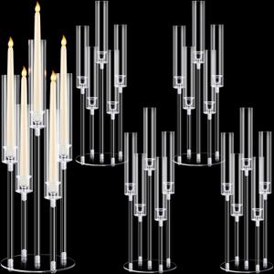 Barydat 4 Pcs Acrylic Candelabra Centerpieces Clear Candle Holder Crystal 5 Arm Candlesticks Holder with Acrylic Shade Pillar Taper Candlestick for Wedding Dinner Party Fit 0.87" LED Candle (Clear)