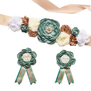 Green Maternity Sash Set Mummy and Daddy Corsage Pin Flowers Baby Shower Souvenir Sash Supplies Gender Reveal Decorations Pregnancy Photography PropsGreen