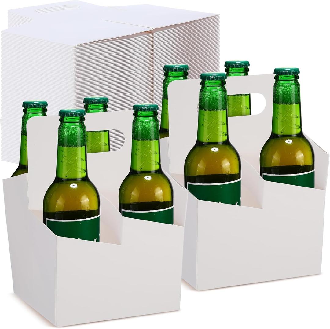 Jetec 50 Pcs 4 Cup Drink Carrier with Handle, Kraft Paperboard Beer Carrier, Disposable Drink Holder for Hot or Cold Drinks, 12-16 oz Bottle Holder for Food Delivery Beverages (White)