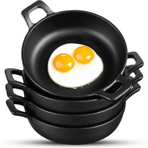 4 Pack Mini Cast Iron Skillets 5 x 5 x 1.3 Inch Cast Iron Pan Small Skillets Cookware Set Black Casserole Dish Mini Ramekin Oven Safe for Indoor Outdoor Baking Roasting Cooking Grilling Picnic