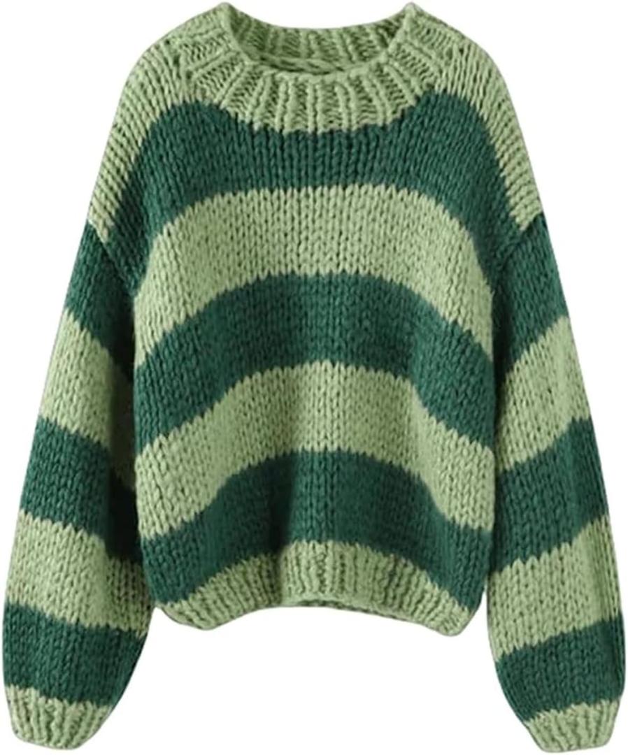 FOMOYUU Women Oversized Striped Sweater Color Block Knit Long Sleeve Sweatshirt Loose Pullover Y2K Preppy Jumper (Large)