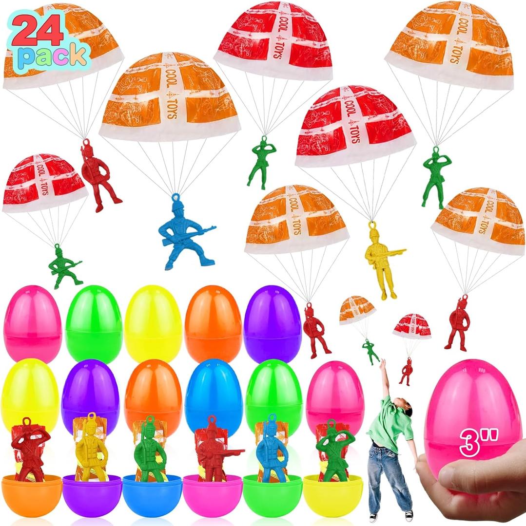 24 Pack Large Prefilled Easter Eggs Fillers with Airplane Parachute Toys for Boys Kids Girls Gifts Easter Basket Stuffers Essential Egg Hunt Kids Teens Hand Throw Flying Toy Outdoor Party Favors