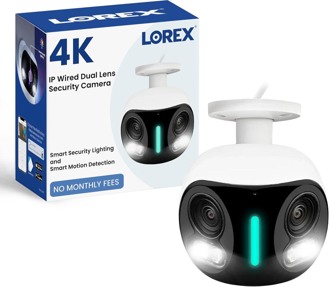 Lorex 4K 8MP IP Wired Dual-Lens Add-On Outdoor Security Camera - Smart Security Lighting,180 Panoramic View, Color Night Vision, 2-Way Talk, Requires Recorder