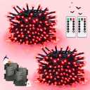 JMEXSUSS 2 Pack 100 LED Red Christmas Lights for Valentines, Each 33 FT Christmas Lights Battery Operated, Red Battery Light Indoor Outdoor Waterproof for Tree House Valentines Porch Yard Decor