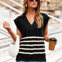 Glamaker Women Summer Striped Sweater Vest Sleeveless V Neck Knit Oversized Casual Cap Sleeve Spring Tops Trendy (L)