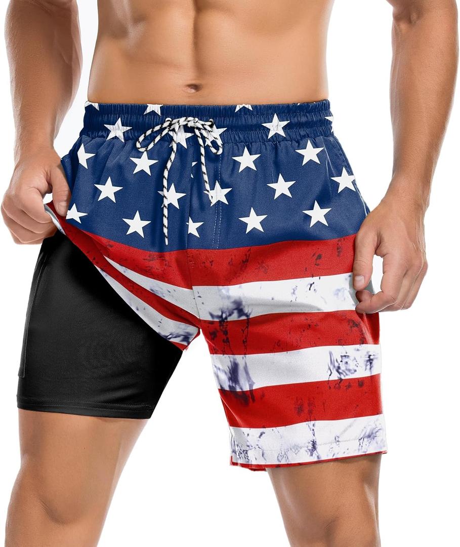 American Trends Mens Swim Trunks with Compression Liner Board Shorts for Men Quick Dry Swimsuits Bathing Suit Swimwear M-XXL (XXL, American Flag)