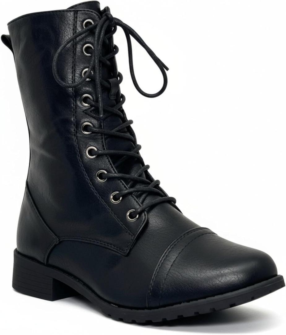 ABSOLEX Womens Lace up Round Toe Low Heel Combat Boots (7, Black)