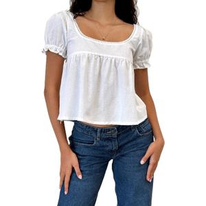 Mxiqqpltky Lace Trim Crop Tops for Women Y2k Fairy Grunge Tee Tops Cap Sleeve Low Cut Slim Fit Aesthetic Babydoll Tee Shirt (White, S)