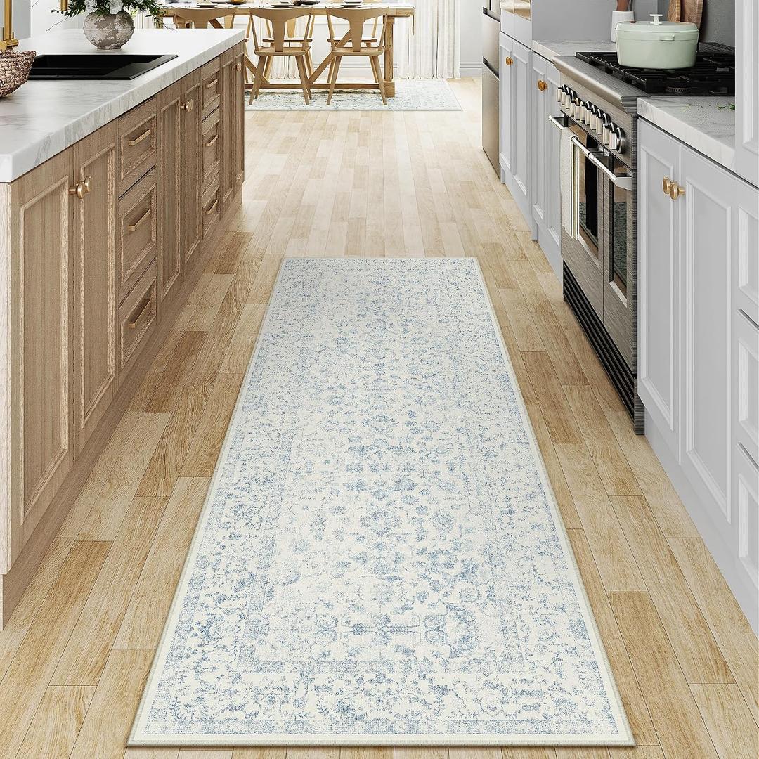 2x6 Blue Runner Rug Washable Hallway Non Slip Kitchen Vintage | Floral, Distressed, Retro, Machine Washable, Indoor, Long Carpet, Throw Rug, Bedroom, Bathroom, Living Room, Office