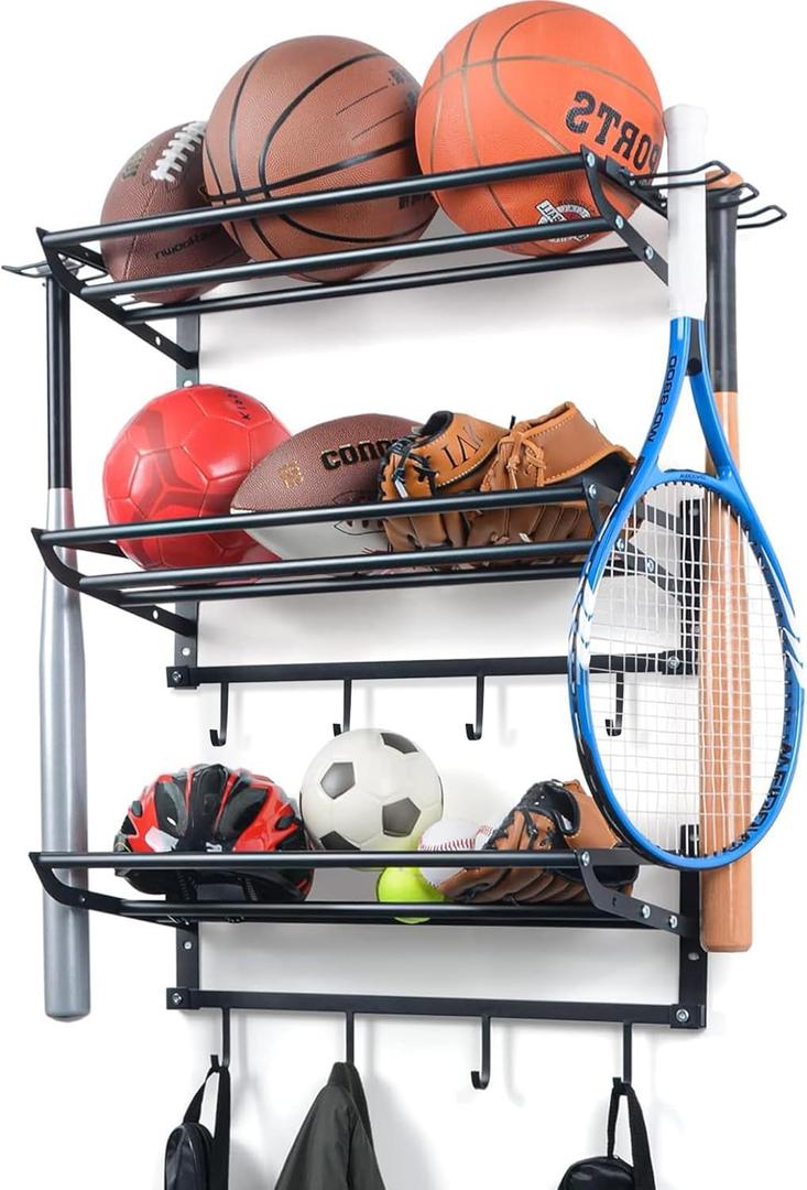 Garage Sports Equipment Storage Rack with Separate Shelf, Ball Rack, Sport Equipment Organizer withHooks for Badminton Racket, Basketball Rack for Basketball Football Rugby