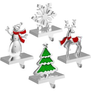 4 Pack Christmas Stocking Holders for Mantle, Stockings Hangers Set of 4, Snowflake Snowman Tree Deer Reindeer Heavy Weighted Hooks for Mantel Fireplace Windows Indoor Decorations Silver