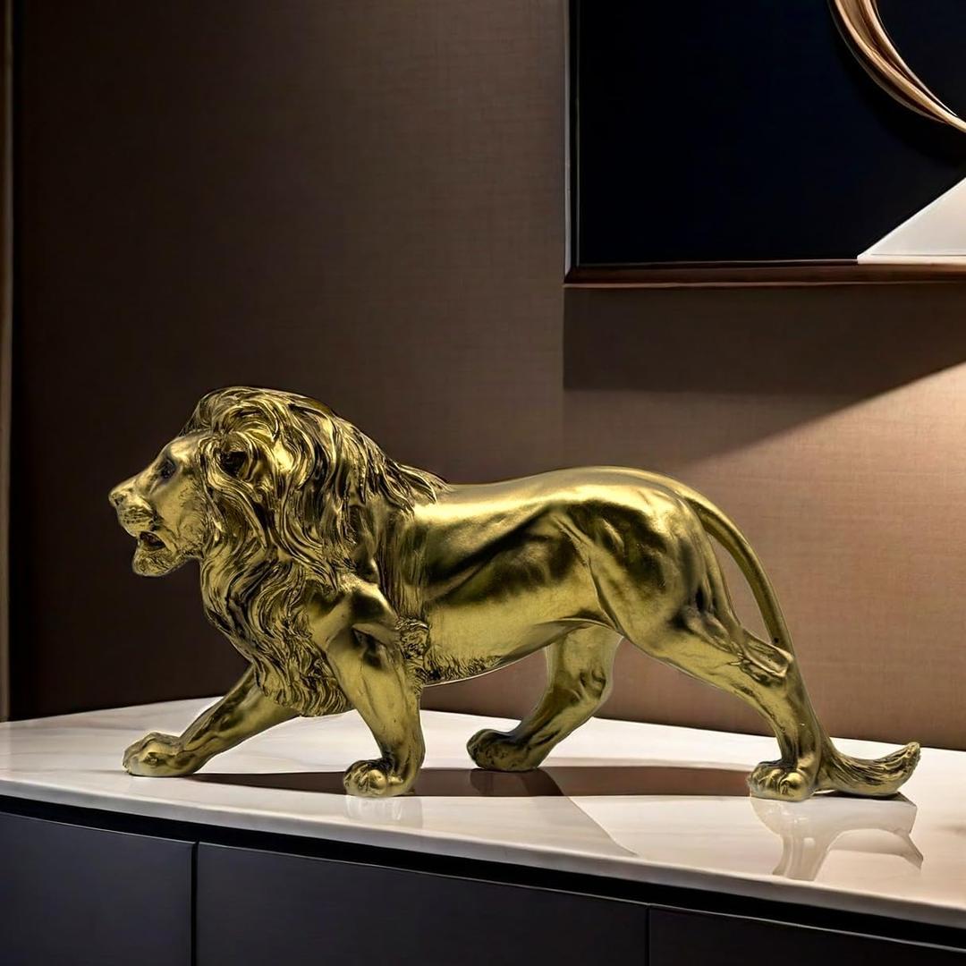 Strong Lion Statue Figurine Sculpture Resin Collectible Gifts for Lion Lover Office Home Decor Desk Accessories Decoration Garden Figurines Outdoor Decor Gold