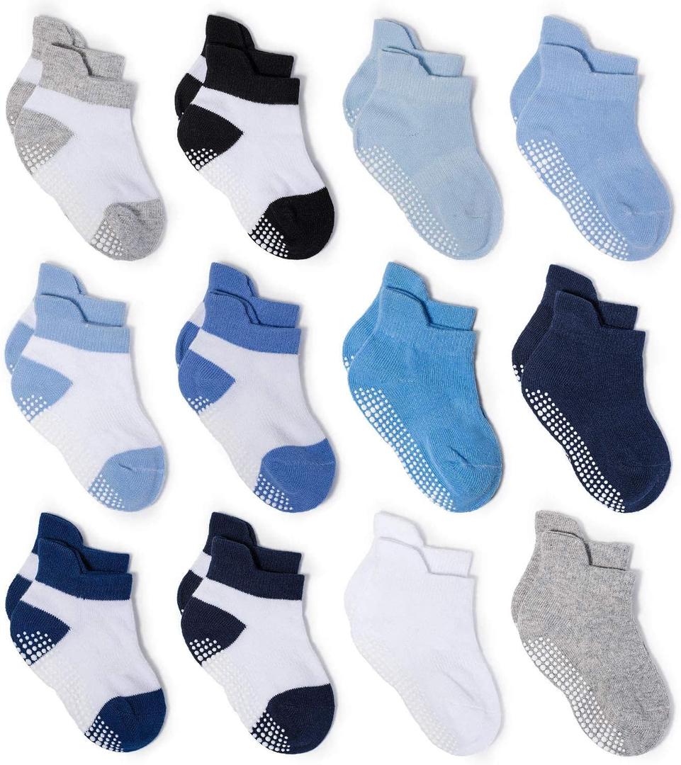 Zaples Baby Non Slip Grip Ankle Socks with Non Skid Soles for Infants Toddlers Kids Boys Girls (1-3T, Color-blocked/Solid - 12 Pairs)
