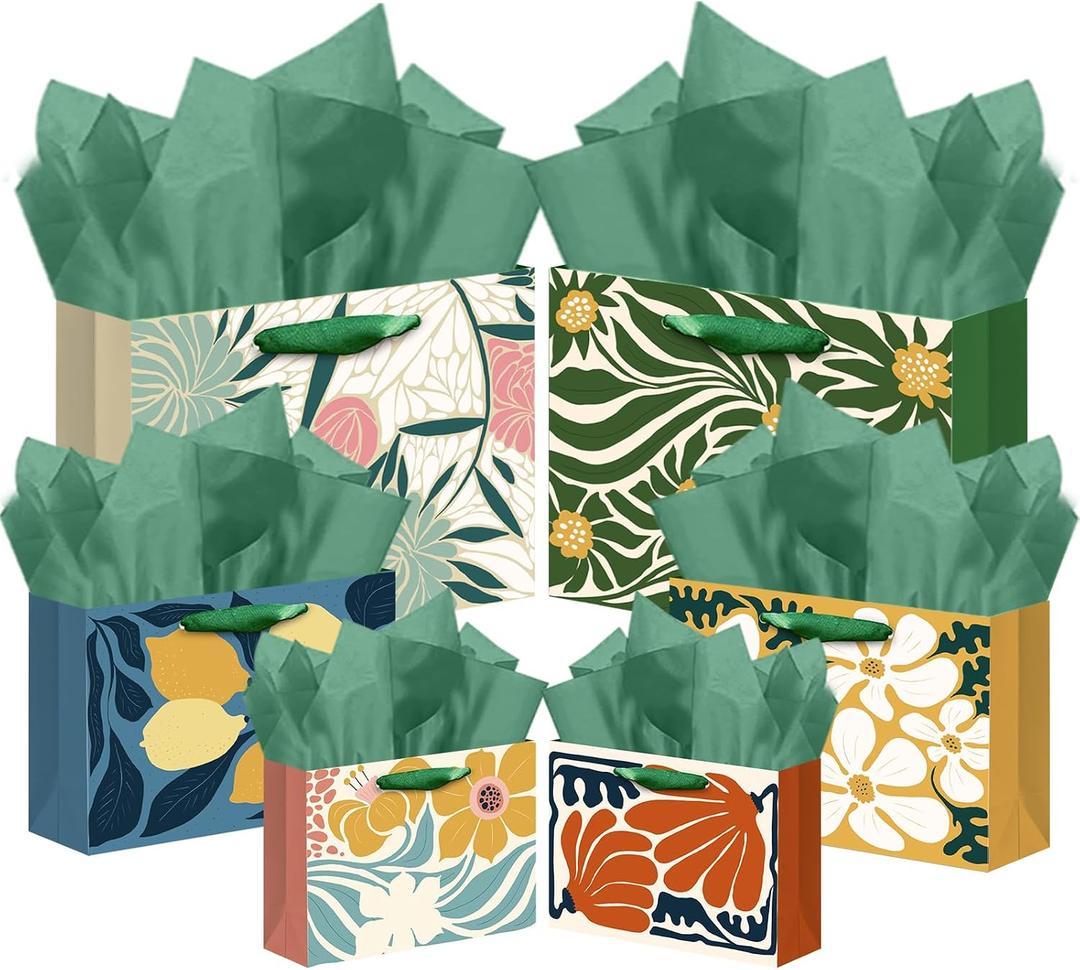 qiqee Clash Flowers Gift Wide Bags with Tissue Paper Multi Assorted Sizes 10PCS Present Party Favor Birthday Bags(2pcs Large 13", 4pcs Medium 9", 4pcs Small 6", Tissue Paper)