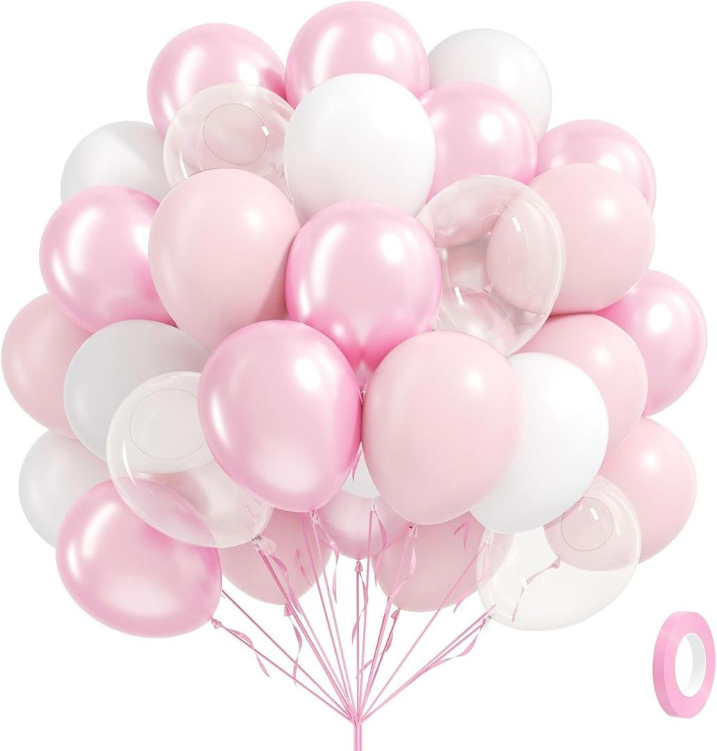 60pcs Pink and White Balloons 12inch with Clear Pastel Pearl Pink Balloons for Wedding Bridal Baby Shower Shower Birthday Party Decorations