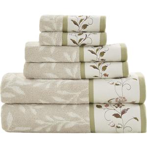 Madison Park Serene 100% Cotton Bath Towel Set Luxurious Floral Decorative Towels for Bathroom Embroidered Cotton Jacquard Design Soft Highly Absorbent for Shower 600 GSM, Multi-Sizes, Green 6 Piece