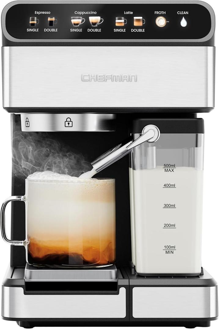 Chefman CafMaster Pro Espresso Machine, Brew Single or Double Shots, Coffee Maker with Built-In Milk Frother for Cappuccino & Latte, XL 1.8 Liter Removable Water Reservoir - Stainless Steel