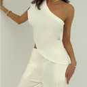 SOLY HUX Women's Summer One Shoulder Asymmetrical Tops Elegant Short Sleeve Evening Cocktail Blouse (L)