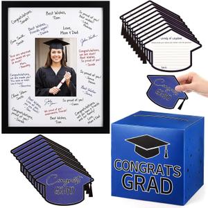 Gueevin Blue and Black Graduation Decorations 2026 Guest Book Alternative Graduation Card Box Advice Cards 11x14in Signature Board Picture Frame for Class of 2026 Congrats Grad Party Decor Supplies