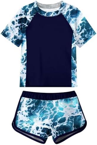 Idgreatim Girls Rashguard Swimsuit 2 Piece Short Sleeve Bathing Suit UPF 50+ Sun Proction Swimwear Size: 15-16 Years